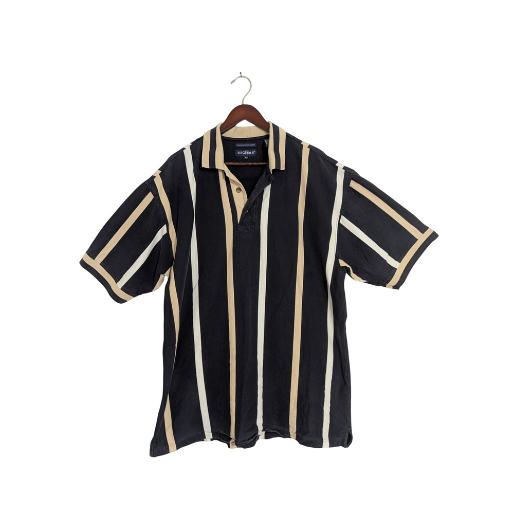 Siegfried Mens XLT Vertical Stripe Polo Shirt Navy Blue Tan White‎ Cotton Rugby